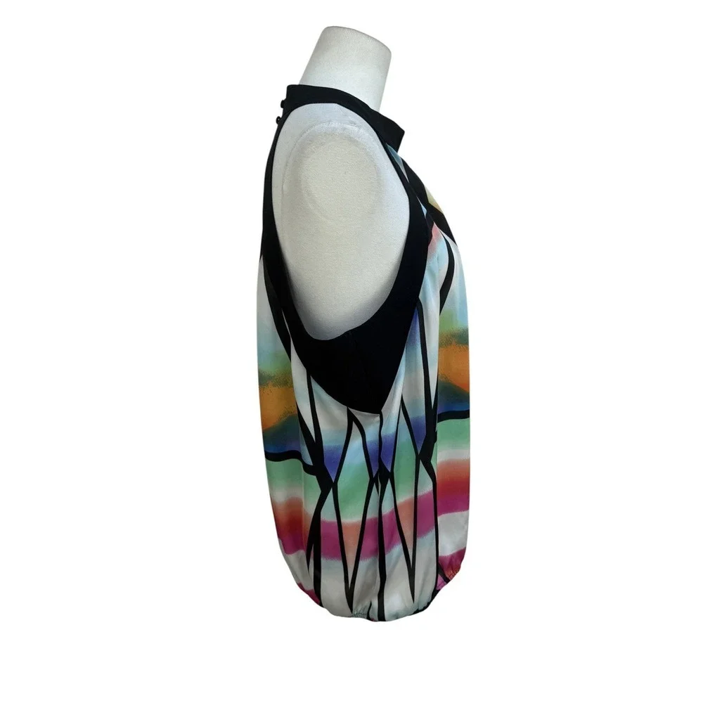Bisou Bisou XL Colorful Geometric Print Halter Top Sleeveless Mock Neck Blouse